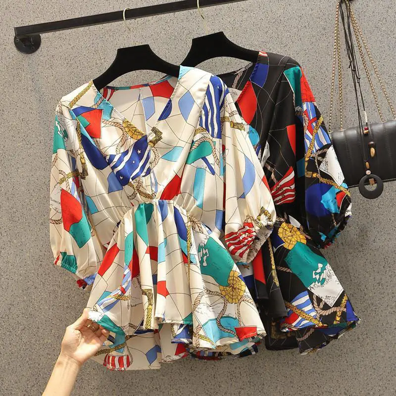 Retro Nautical Style Color-Block Print Blouse Women's Waist-Tie V-Neck Puff Sleeve Shirts Loose Slimming Short Top - Image 4