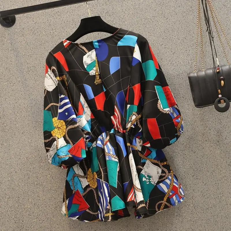 Retro Nautical Style Color-Block Print Blouse Women's Waist-Tie V-Neck Puff Sleeve Shirts Loose Slimming Short Top - Image 3