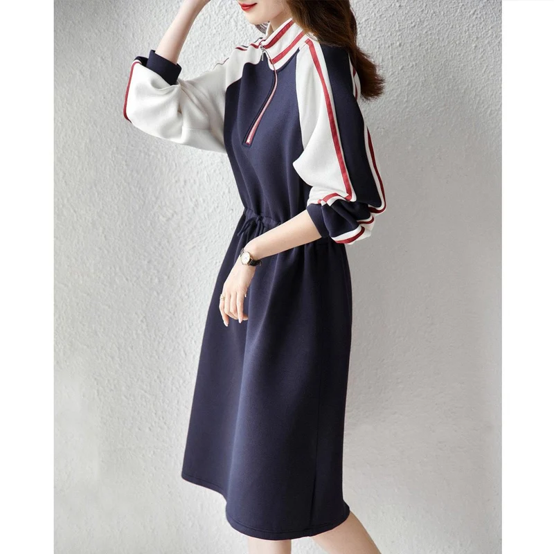 Spring Long Sleeve Casual Dresses Women Round Neck Zipper Patchwork Striped A-line Skirt Ladies Drawstring Waist Retraction Robe - Image 4