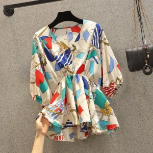 Retro Nautical Style Color-Block Print Blouse Women's Waist-Tie V-Neck Puff Sleeve Shirts Loose Slimming Short Top