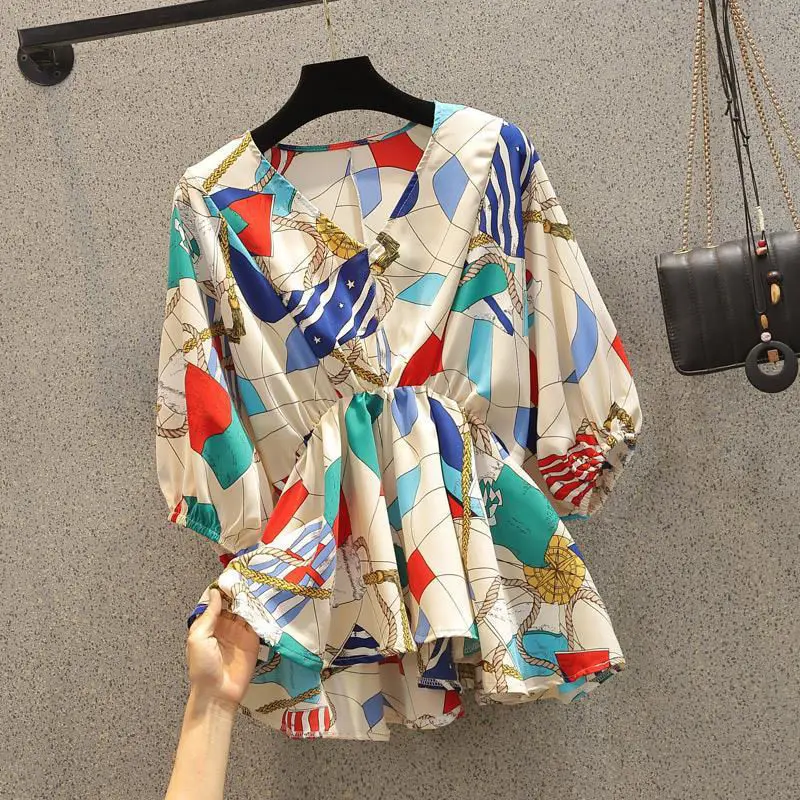 Retro Nautical Style Color-Block Print Blouse Women's Waist-Tie V-Neck Puff Sleeve Shirts Loose Slimming Short Top