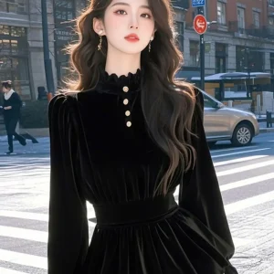 French Long-sleeved Gold Velvet Base Shirt for Women with Autumn and Winter Waist Doll Shirt Puff Sleeve Top