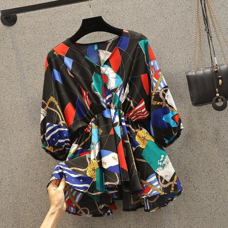 Retro Nautical Style Color-Block Print Blouse Women's Waist-Tie V-Neck Puff Sleeve Shirts Loose Slimming Short Top - Image 5