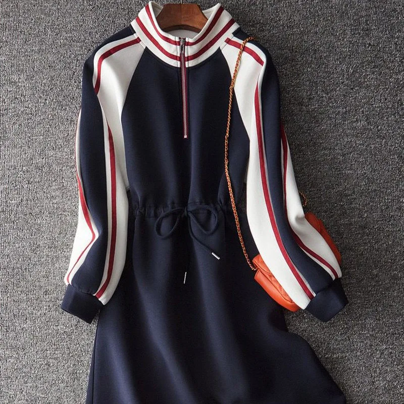 Spring Long Sleeve Casual Dresses Women Round Neck Zipper Patchwork Striped A-line Skirt Ladies Drawstring Waist Retraction Robe - Image 5