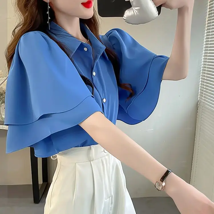 French Lady's Summer Loose Shirt Women's New Loose Blouse Solid Color Ruffle Short Sleeve Chiffon Top - Image 6