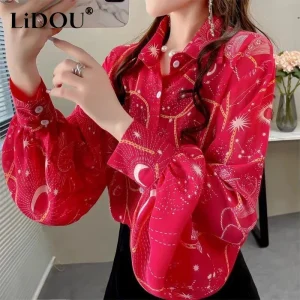 Spring Autumn Harajuku Elegant Long Sleeve Shirts Women Cardigan Printing Office Lady Blouses Popularity Loose Casual Tops Femme