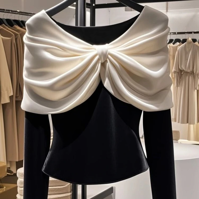 Spring Autumn Round Neck Long Sleeve Fashion T-Shirts Women High Street Bow Patchwork Pullovers Elegant Vintage All-match Tops - Image 2