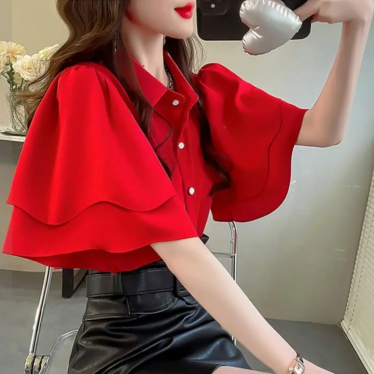 French Lady's Summer Loose Shirt Women's New Loose Blouse Solid Color Ruffle Short Sleeve Chiffon Top - Image 5