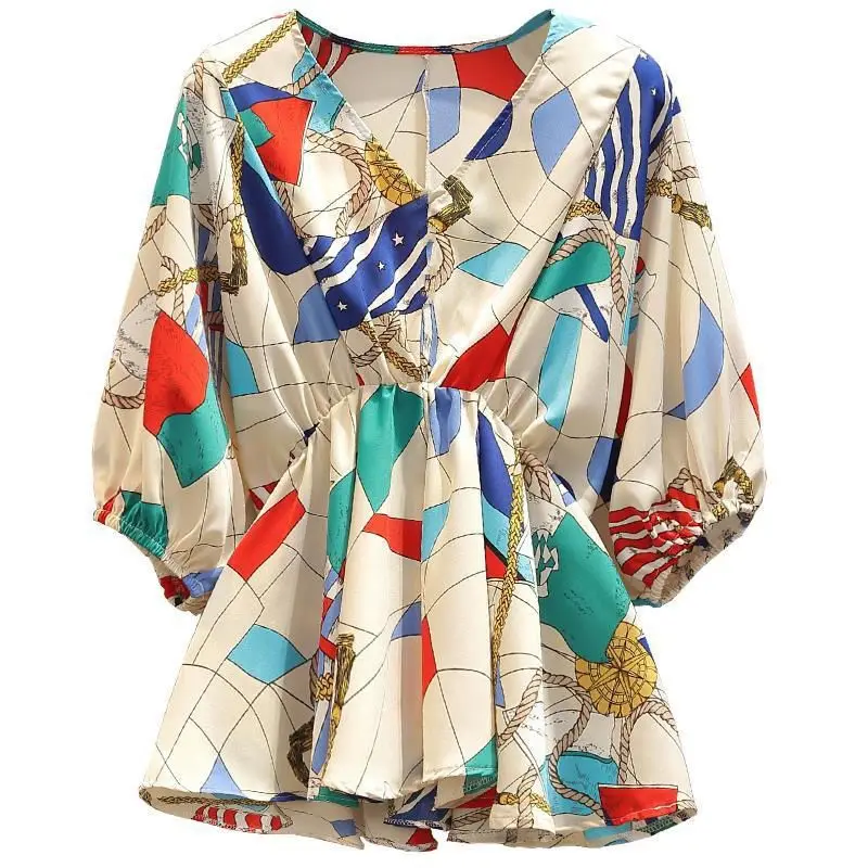 Retro Nautical Style Color-Block Print Blouse Women's Waist-Tie V-Neck Puff Sleeve Shirts Loose Slimming Short Top - Image 6