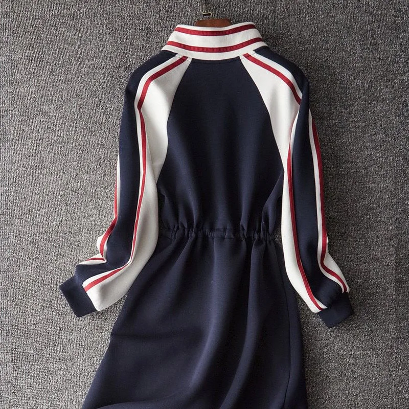 Spring Long Sleeve Casual Dresses Women Round Neck Zipper Patchwork Striped A-line Skirt Ladies Drawstring Waist Retraction Robe - Image 6