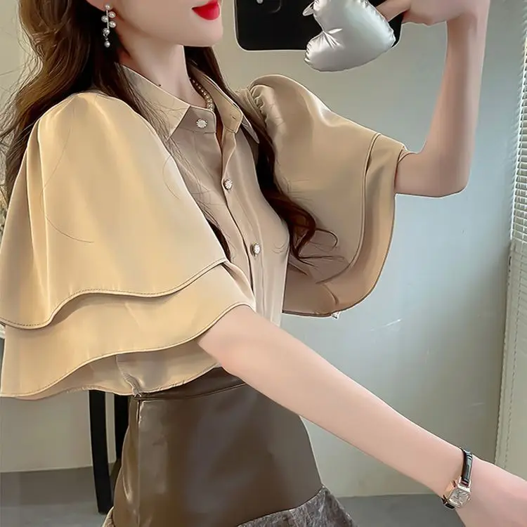 French Lady's Summer Loose Shirt Women's New Loose Blouse Solid Color Ruffle Short Sleeve Chiffon Top - Image 4