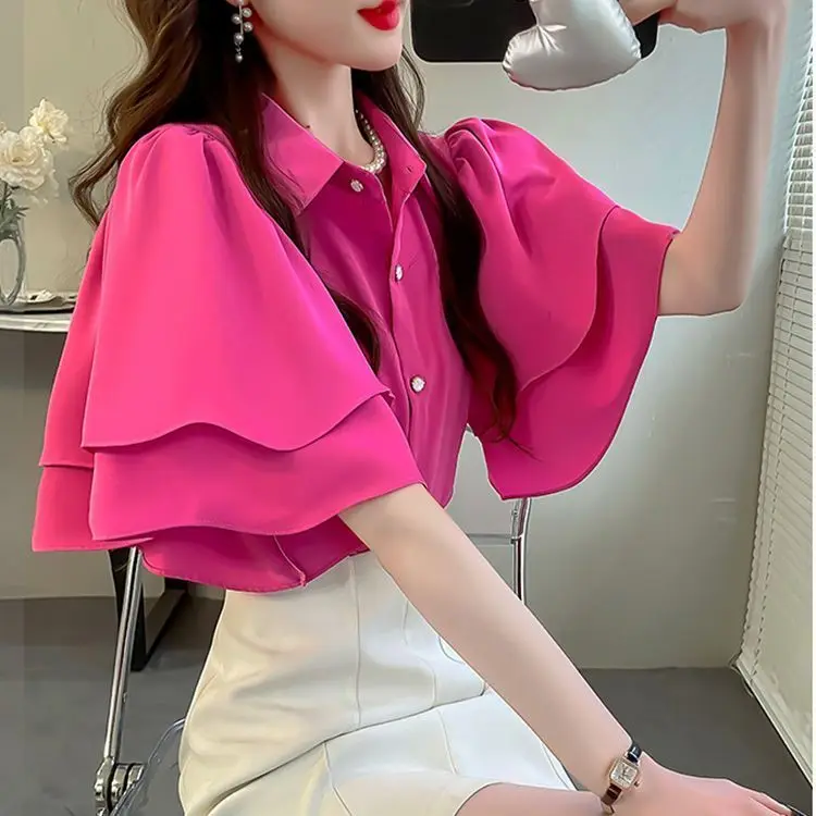 French Lady's Summer Loose Shirt Women's New Loose Blouse Solid Color Ruffle Short Sleeve Chiffon Top - Image 2
