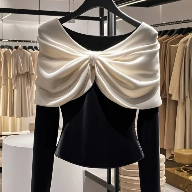 Spring Autumn Round Neck Long Sleeve Fashion T-Shirts Women High Street Bow Patchwork Pullovers Elegant Vintage All-match Tops